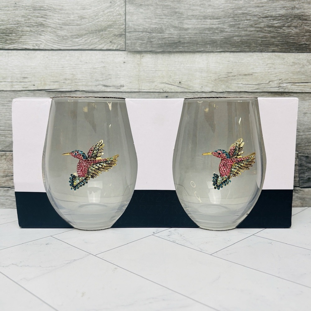 Rachel Zoe Hummingbird Jeweled Wine Glasses Rhinestone Stemless 18.26 Oz